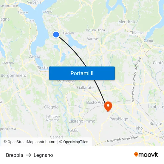 Brebbia to Legnano map