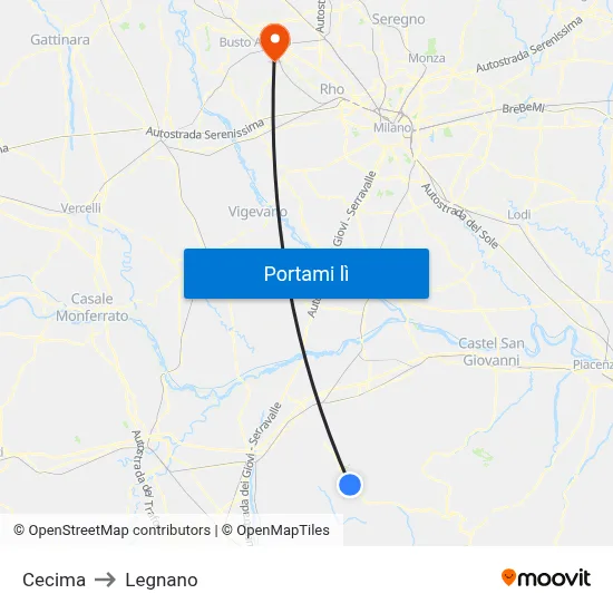 Cecima to Legnano map