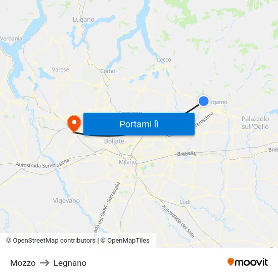 Mozzo to Legnano map