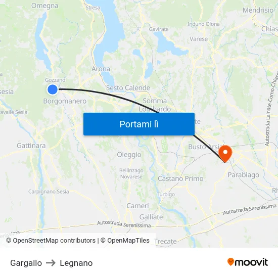 Gargallo to Legnano map