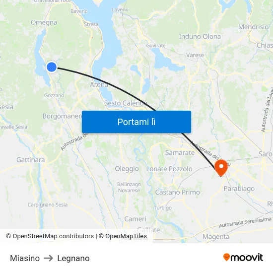Miasino to Legnano map