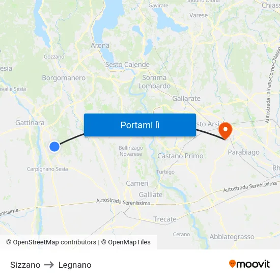 Sizzano to Legnano map