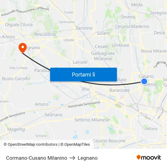 Cormano-Cusano Milanino to Legnano map