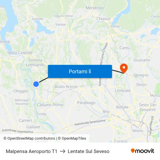 Malpensa Aeroporto T1 to Lentate Sul Seveso map