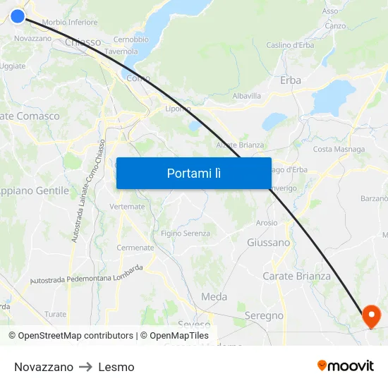 Novazzano to Lesmo map