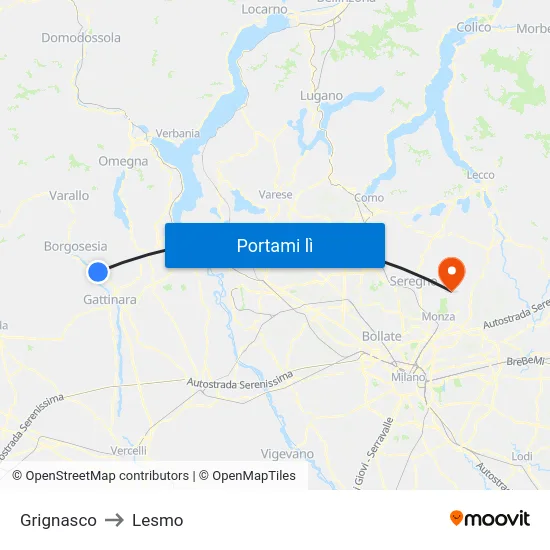 Grignasco to Lesmo map