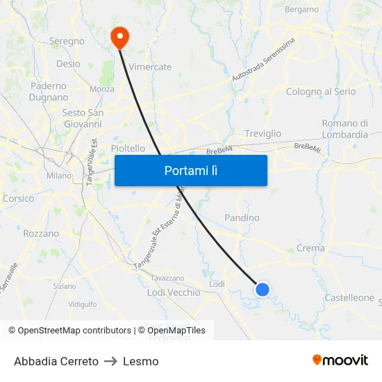 Abbadia Cerreto to Lesmo map