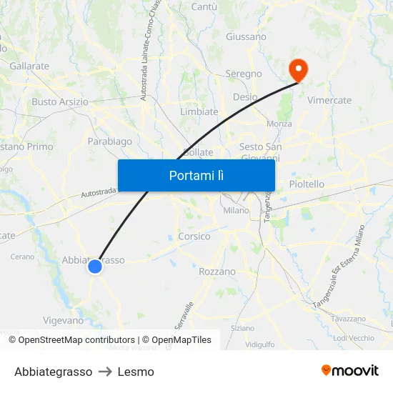 Abbiategrasso to Lesmo map