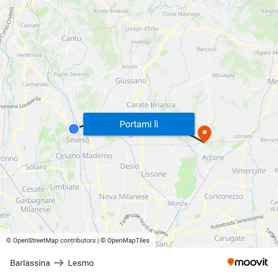 Barlassina to Lesmo map
