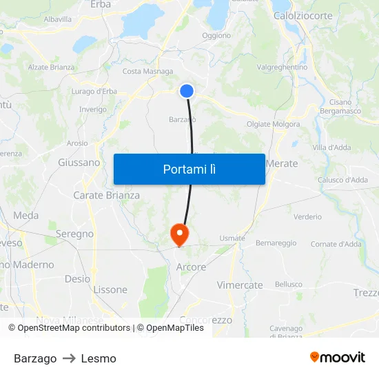 Barzago to Lesmo map