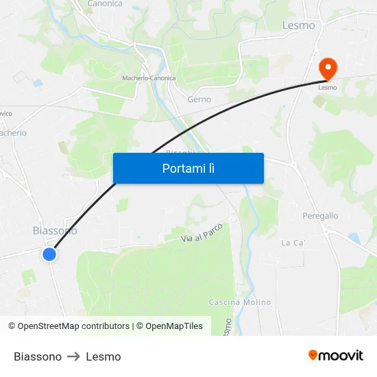 Biassono to Lesmo map