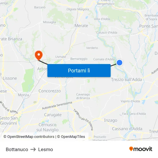 Bottanuco to Lesmo map