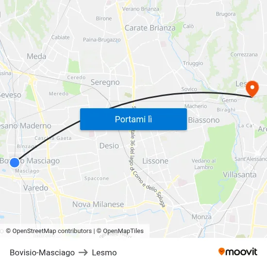 Bovisio-Masciago to Lesmo map