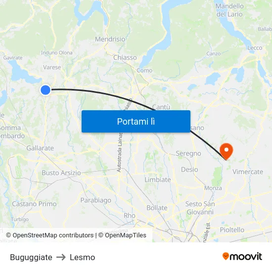 Buguggiate to Lesmo map