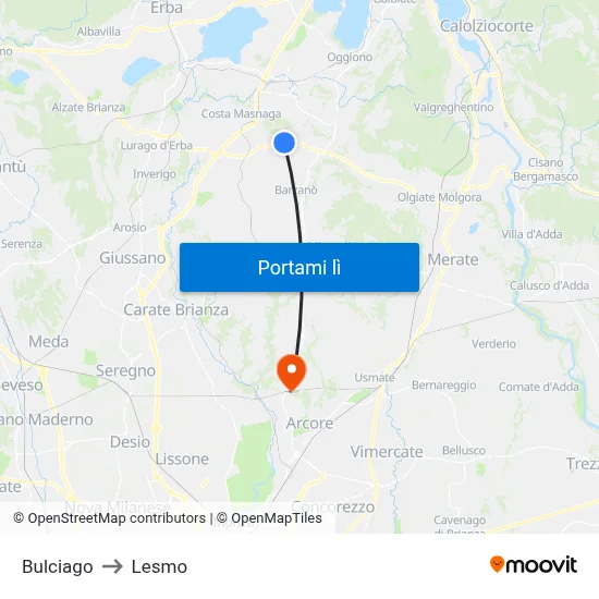 Bulciago to Lesmo map