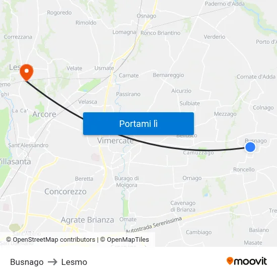 Busnago to Lesmo map