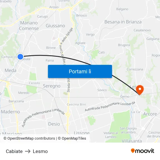 Cabiate to Lesmo map