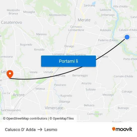 Calusco D' Adda to Lesmo map