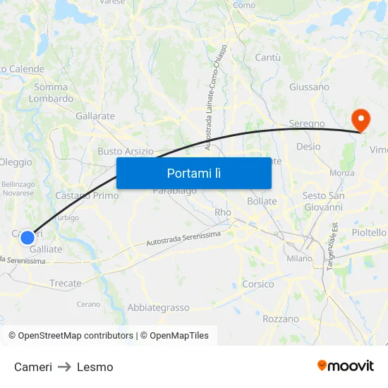 Cameri to Lesmo map