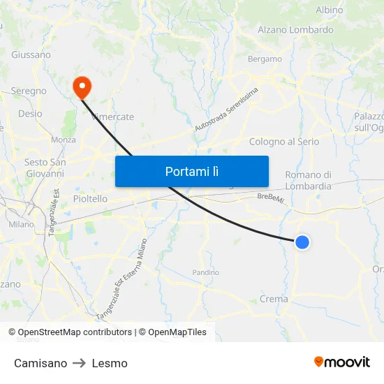 Camisano to Lesmo map