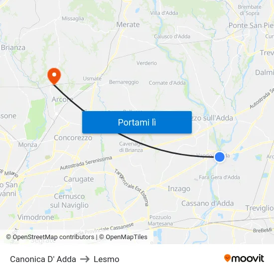 Canonica D' Adda to Lesmo map