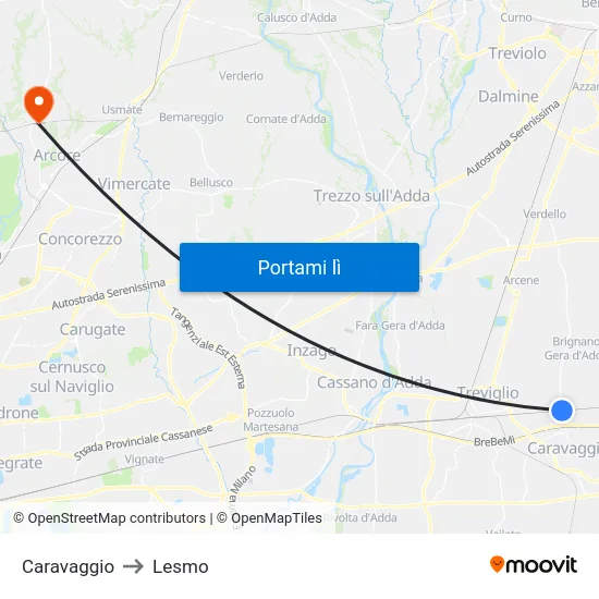 Caravaggio to Lesmo map