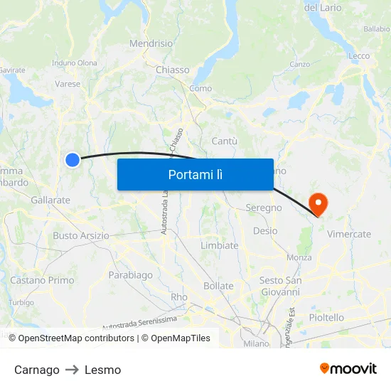 Carnago to Lesmo map