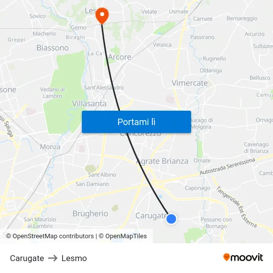 Carugate to Lesmo map