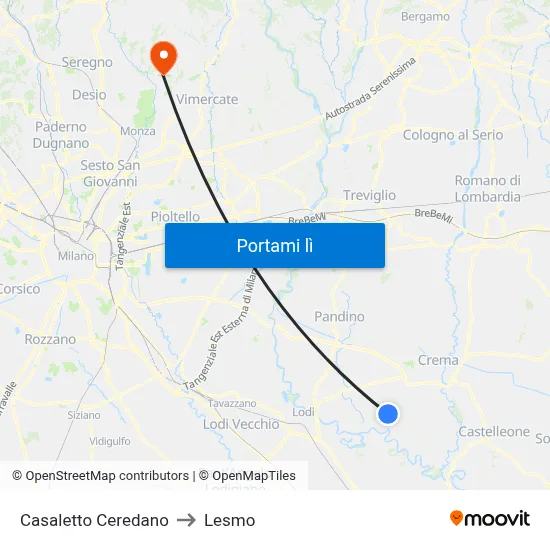 Casaletto Ceredano to Lesmo map