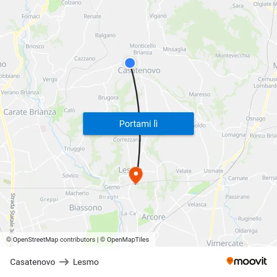 Casatenovo to Lesmo map