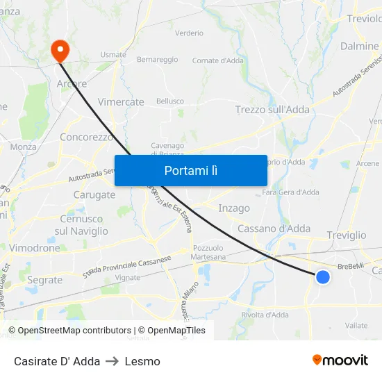 Casirate D' Adda to Lesmo map