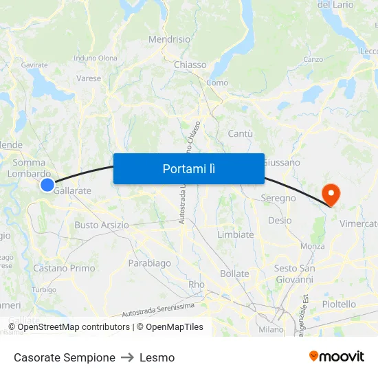 Casorate Sempione to Lesmo map