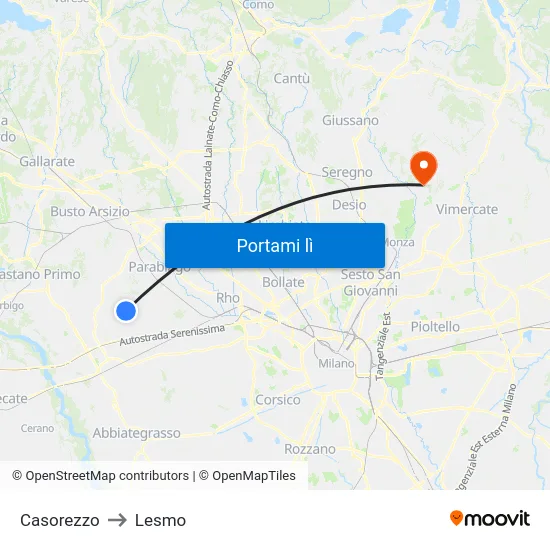 Casorezzo to Lesmo map