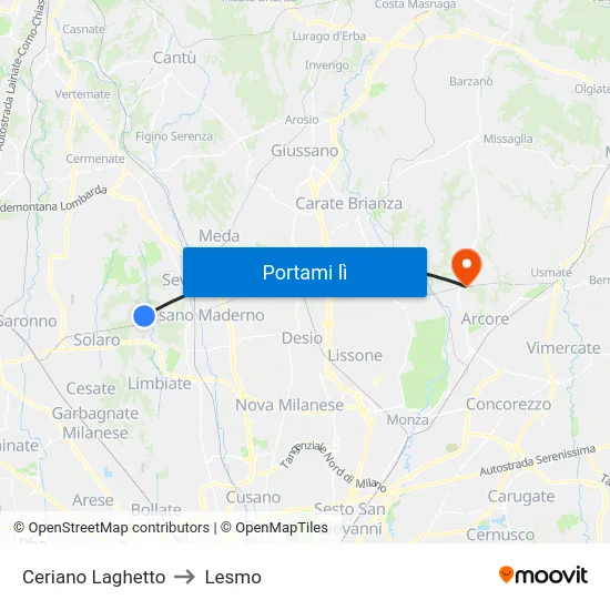 Ceriano Laghetto to Lesmo map