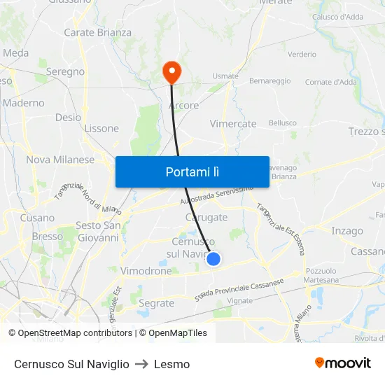 Cernusco Sul Naviglio to Lesmo map