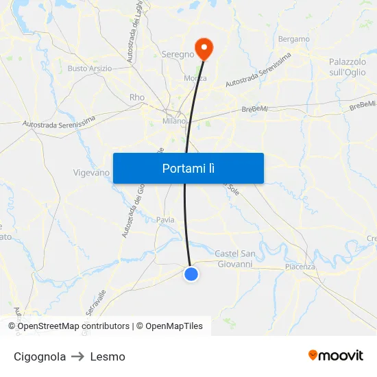 Cigognola to Lesmo map