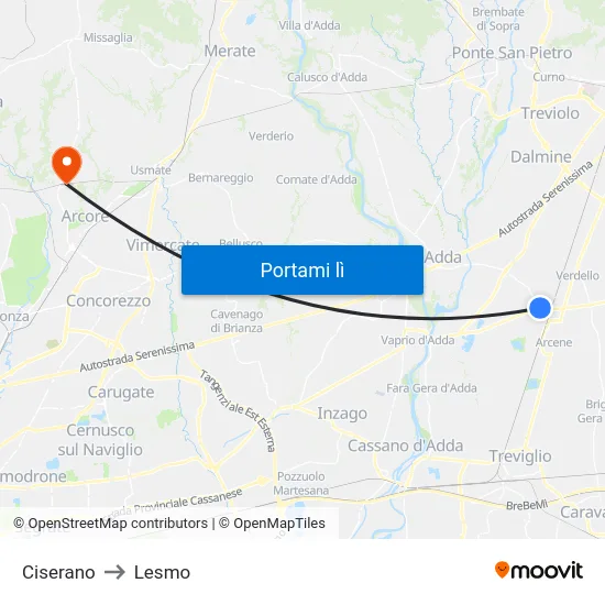 Ciserano to Lesmo map