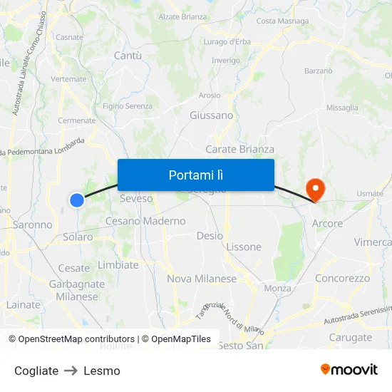 Cogliate to Lesmo map