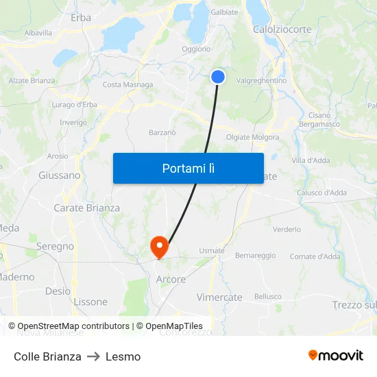 Colle Brianza to Lesmo map