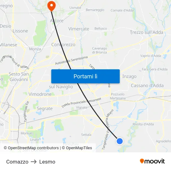 Comazzo to Lesmo map