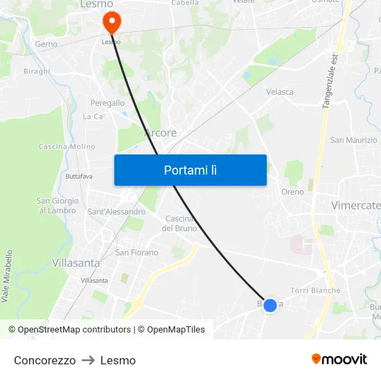 Concorezzo to Lesmo map