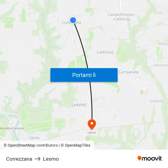 Correzzana to Lesmo map