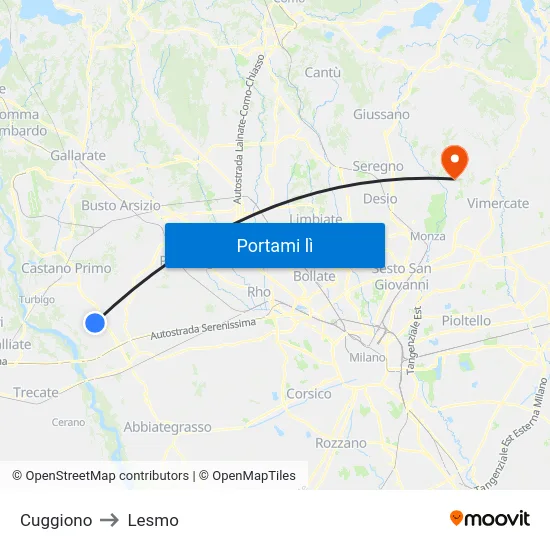 Cuggiono to Lesmo map