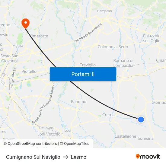 Cumignano Sul Naviglio to Lesmo map