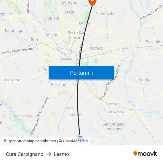 Cura Carpignano to Lesmo map