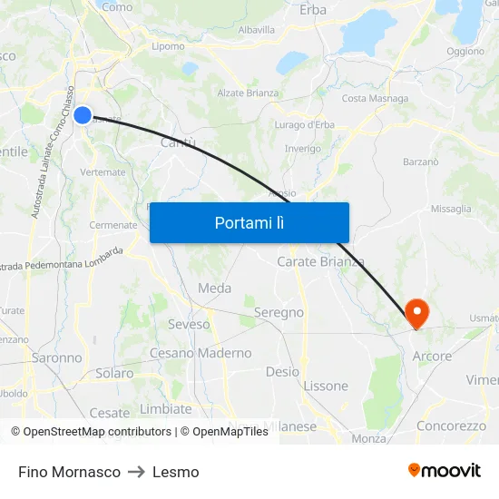 Fino Mornasco to Lesmo map