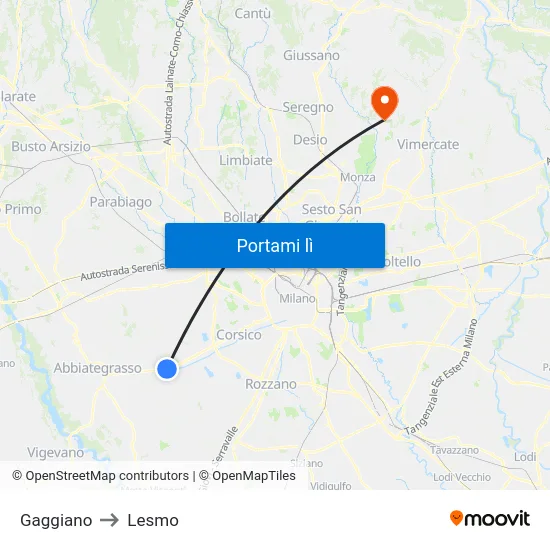Gaggiano to Lesmo map