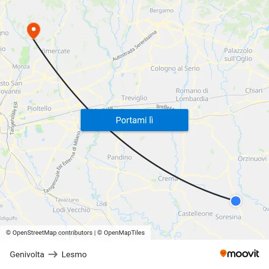 Genivolta to Lesmo map