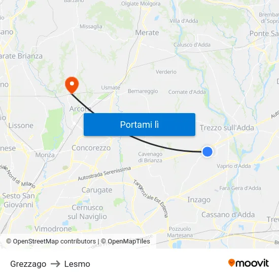 Grezzago to Lesmo map