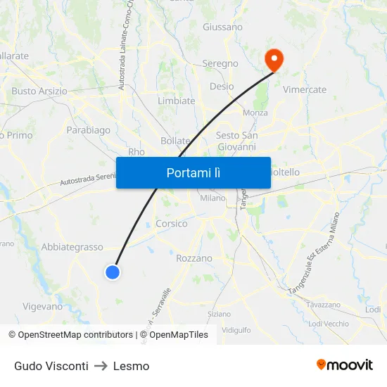 Gudo Visconti to Lesmo map